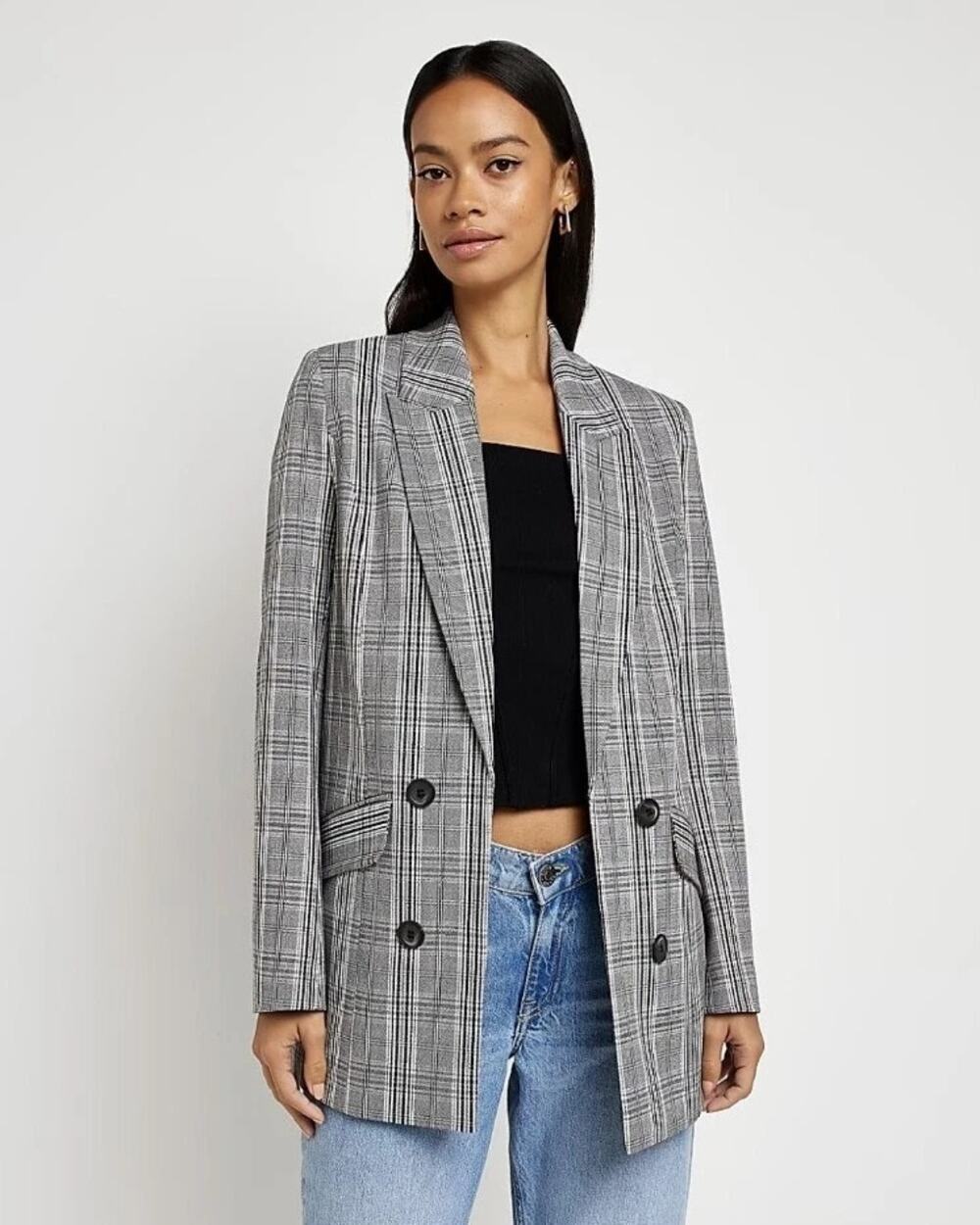 River Island Mix Check Long Line Blazer Gray Double Button Long Sleeve Sz 2 US